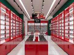 Red Accent Optical Concept Store with Racing-Inspired Ceiling Feature
