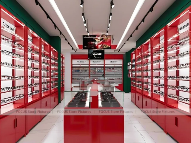 Red Accent Optical Concept Store with Racing-Inspired Ceiling Feature