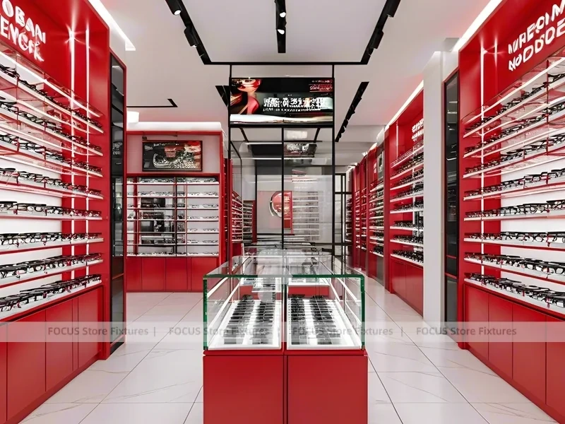 Red Accent Optical Concept Store with Racing-Inspired Ceiling Feature
