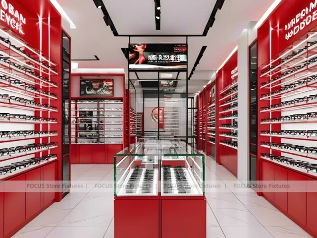 Red Accent Optical Concept Store with Racing-Inspired Ceiling Feature