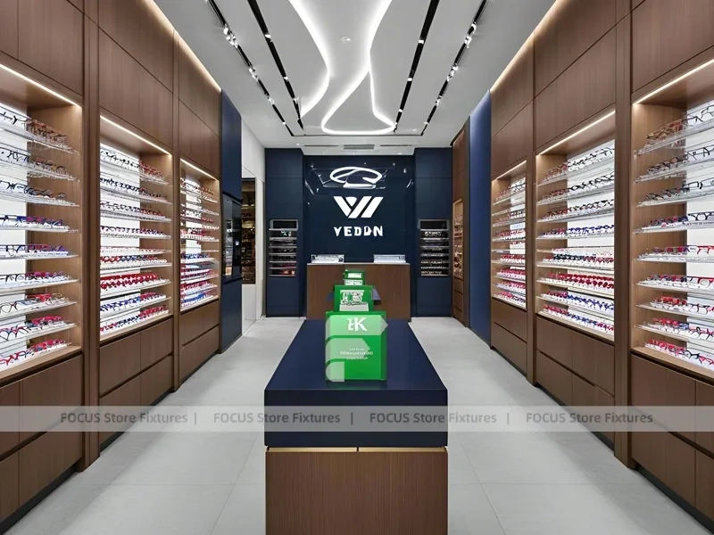 Red Accent Optical Concept Store with Racing-Inspired Ceiling Feature