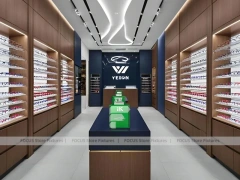 Red Accent Optical Concept Store with Racing-Inspired Ceiling Feature
