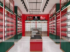 Red Accent Optical Concept Store with Racing-Inspired Ceiling Feature