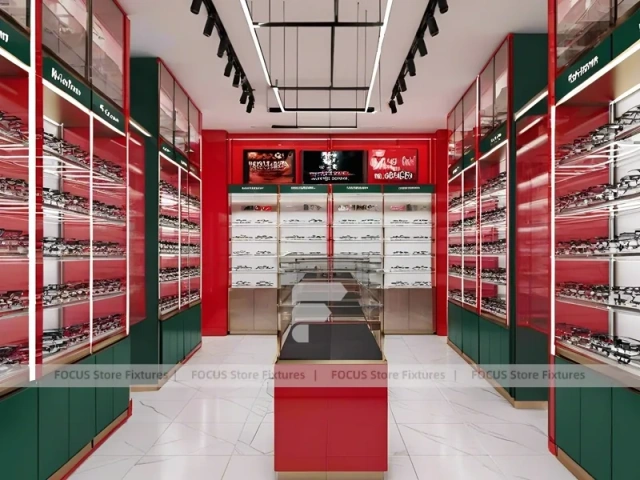 Red Accent Optical Concept Store with Racing-Inspired Ceiling Feature