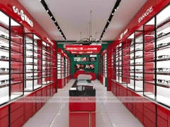 Red Accent Optical Concept Store with Racing-Inspired Ceiling Feature