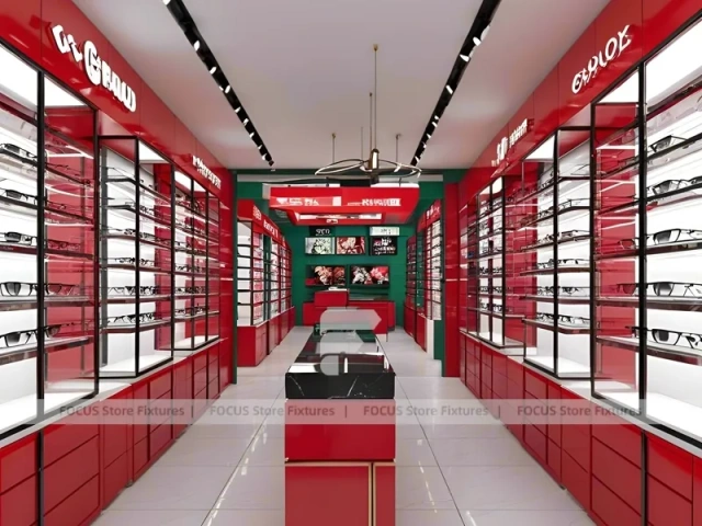 Red Accent Optical Concept Store with Racing-Inspired Ceiling Feature