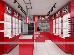 Red Accent Optical Storefront Concept with Clean Grey Retail Plan