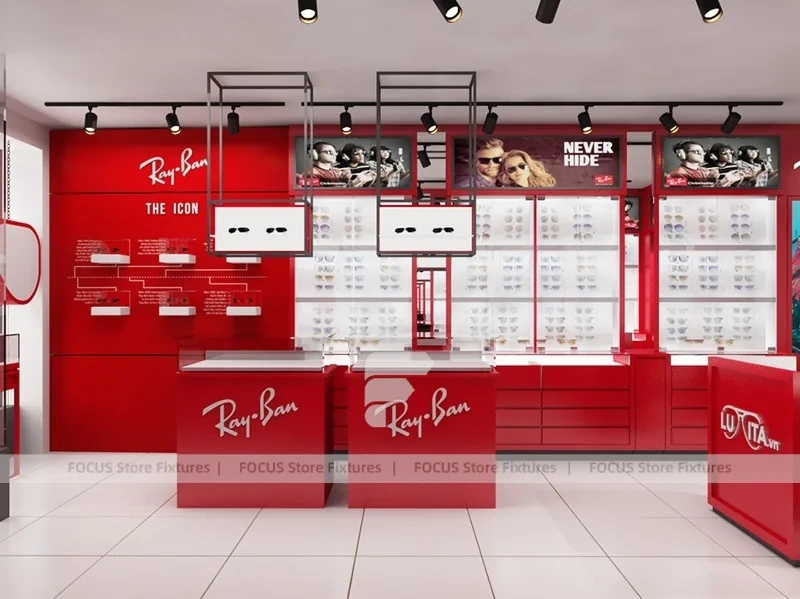 Red Accent Optical Storefront Concept with Clean Grey Retail Plan