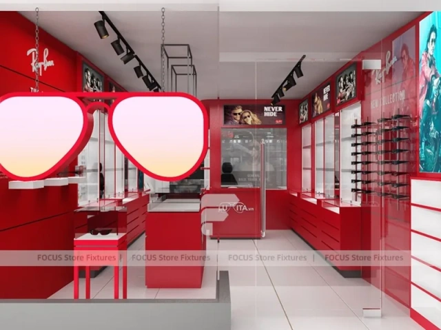 Red Accent Optical Storefront Concept with Clean Grey Retail Plan