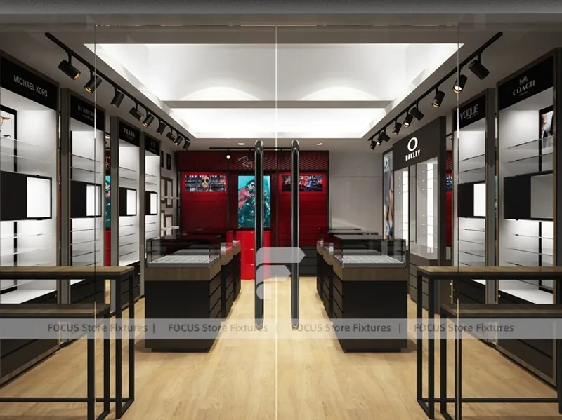 Red Accent Optical Storefront Concept with Clean Grey Retail Plan