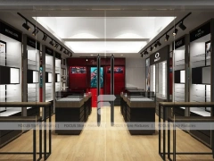 Red Accent Optical Storefront Concept with Clean Grey Retail Plan