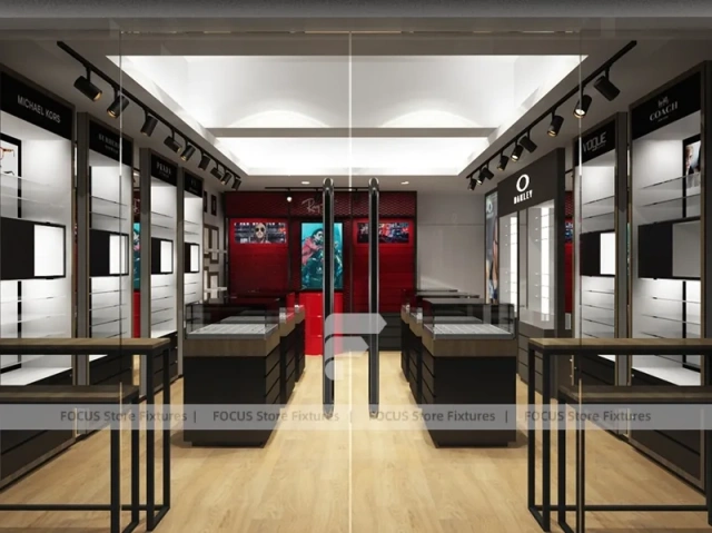 Red Accent Optical Storefront Concept with Clean Grey Retail Plan