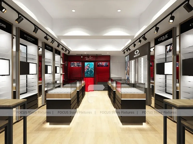 Red Accent Optical Storefront Concept with Clean Grey Retail Plan