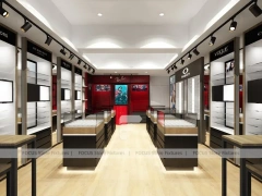 Red Accent Optical Storefront Concept with Clean Grey Retail Plan