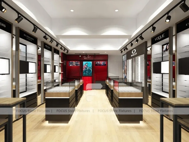 Red Accent Optical Storefront Concept with Clean Grey Retail Plan