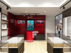 Red Accent Optical Storefront Concept with Clean Grey Retail Plan