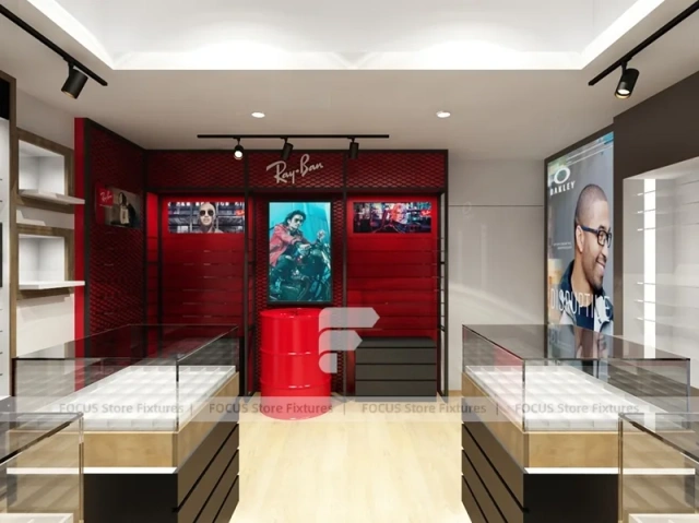 Red Accent Optical Storefront Concept with Clean Grey Retail Plan