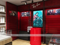 Red Accent Optical Storefront Concept with Clean Grey Retail Plan