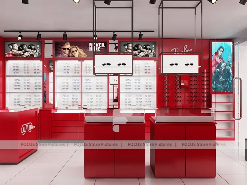 Red Accent Optical Storefront Concept with Clean Grey Retail Plan