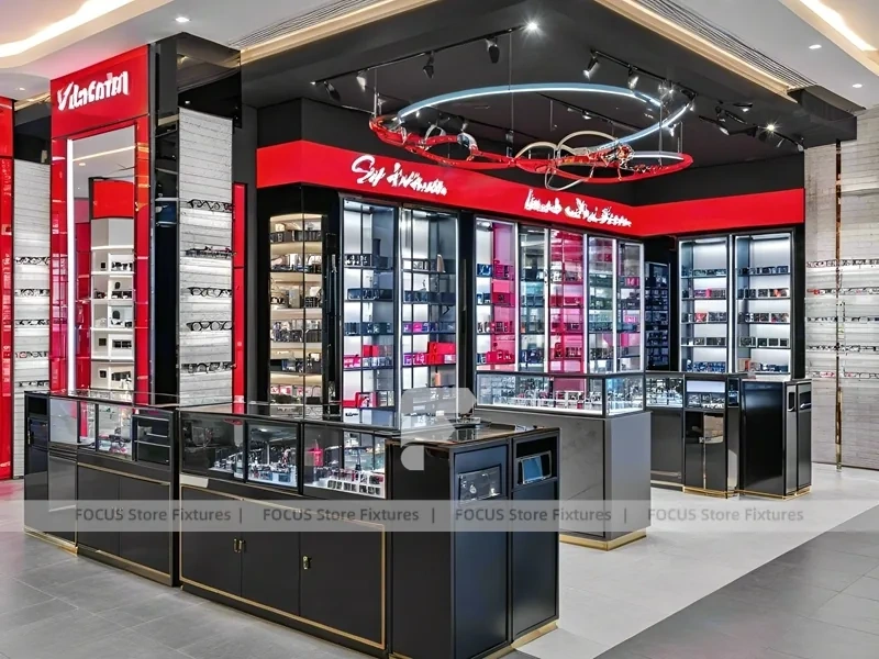 Red Neon Eyewear Brand Boutique with Racing-Inspired Ceiling Feature