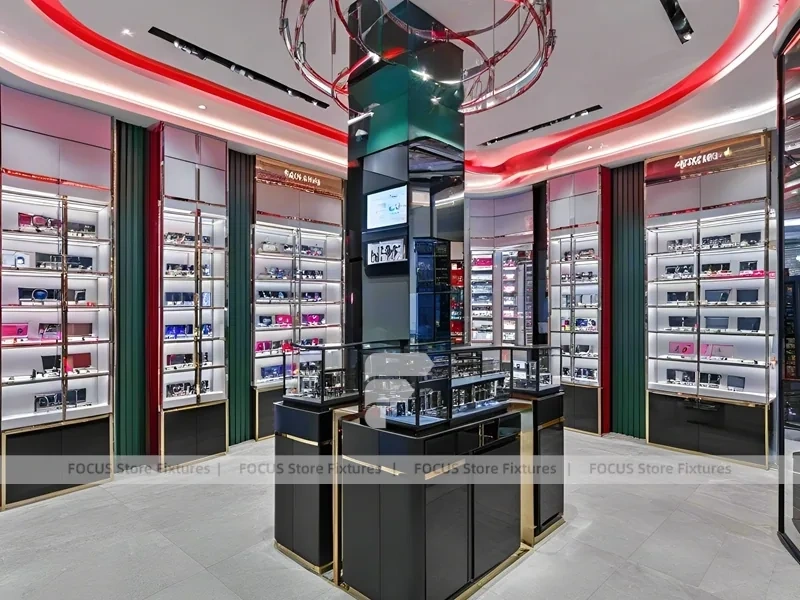 Red Neon Eyewear Brand Boutique with Racing-Inspired Ceiling Feature