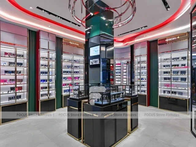 Red Neon Eyewear Brand Boutique with Racing-Inspired Ceiling Feature