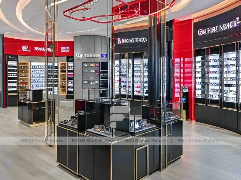 Red Neon Eyewear Brand Boutique with Racing-Inspired Ceiling Feature
