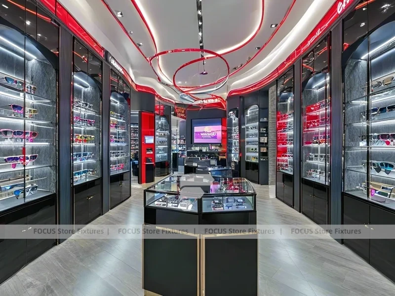 Red Neon Eyewear Brand Boutique with Racing-Inspired Ceiling Feature