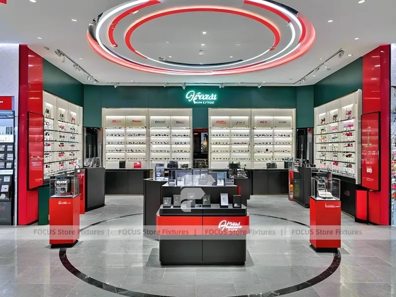 Red Neon Vision Retail Stage with Racing-Inspired Ceiling Feature