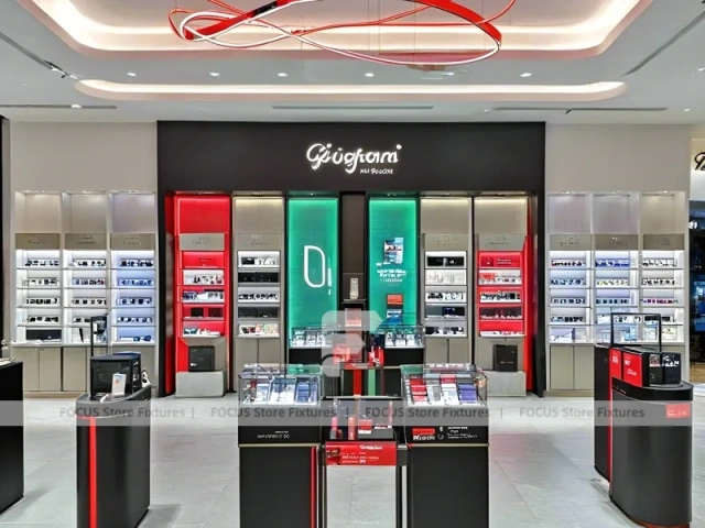 Red Neon Vision Retail Stage with Racing-Inspired Ceiling Feature