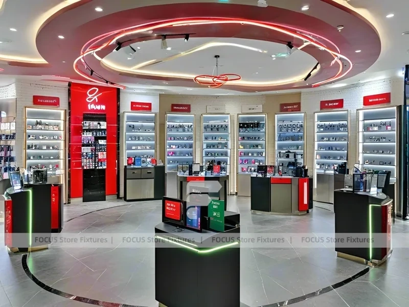 Red Neon Vision Retail Stage with Racing-Inspired Ceiling Feature