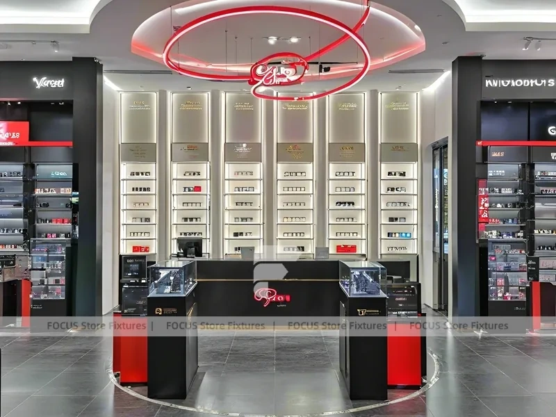 Red Neon Vision Retail Stage with Racing-Inspired Ceiling Feature