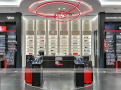Red Neon Vision Retail Stage with Racing-Inspired Ceiling Feature