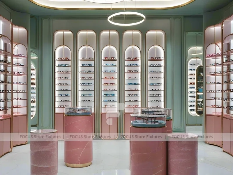 Sage and Blush Eyewear Styling Room with Soft Hospitality Seating