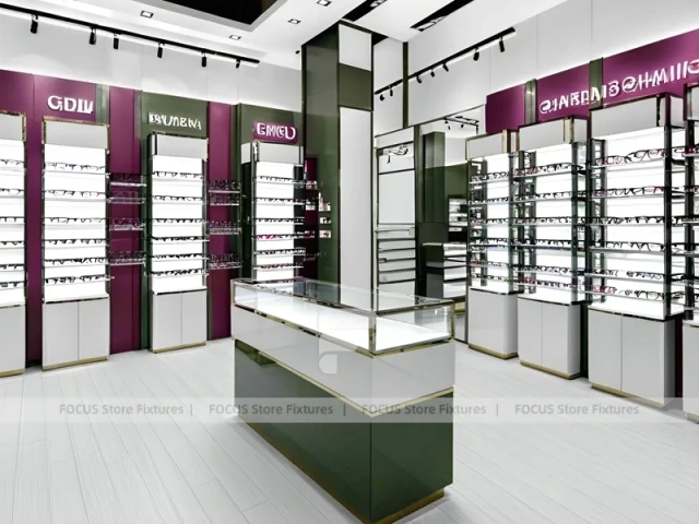 Soft Plum Optical Boutique Display with Green Accent Tower