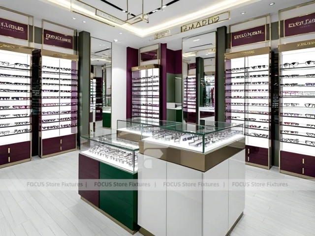 Soft Plum Optical Boutique Display with Green Accent Tower