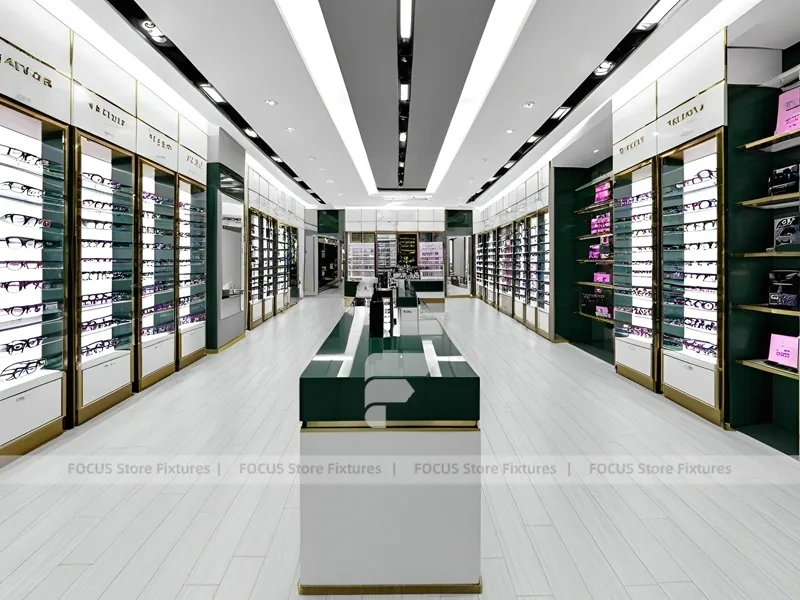 Soft Plum Optical Boutique Display with Green Accent Tower