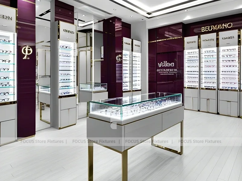 Soft Plum Optical Boutique Display with Green Accent Tower