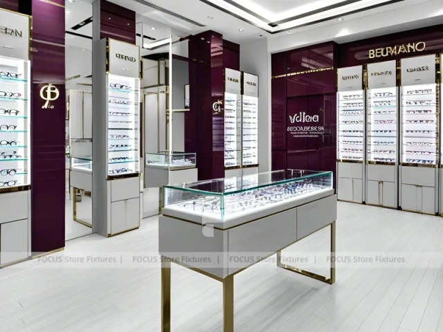 Soft Plum Optical Boutique Display with Green Accent Tower