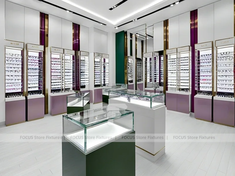 Soft Plum Optical Boutique Display with Green Accent Tower
