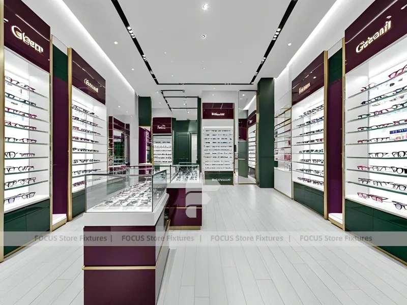Soft Plum Optical Boutique Display with Green Accent Tower