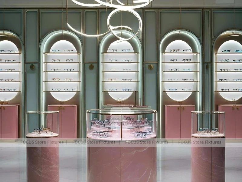 Soft Rose Optical Consultation Lounge with Consultation Table Center