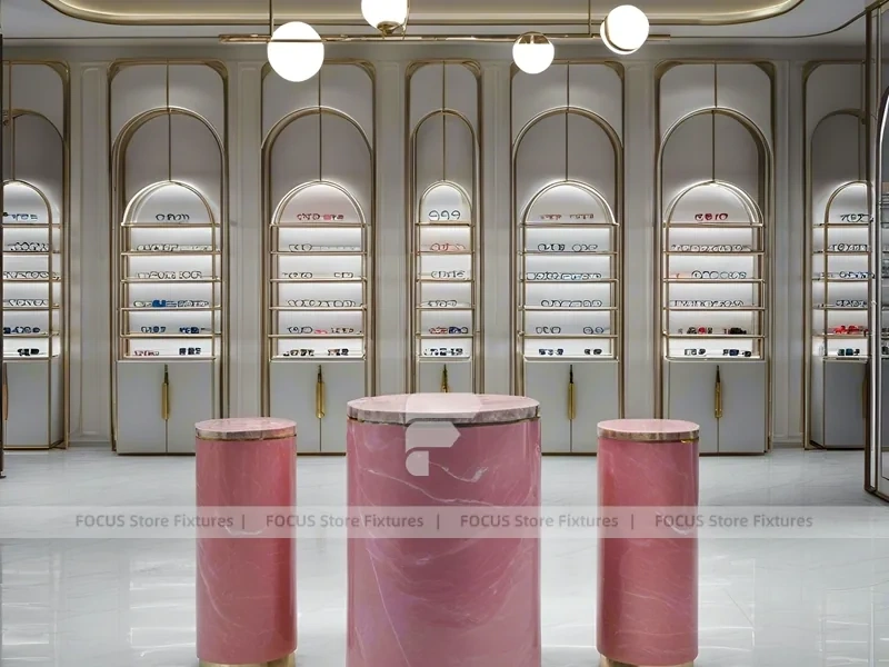 Soft Rose Optical Consultation Lounge with Consultation Table Center