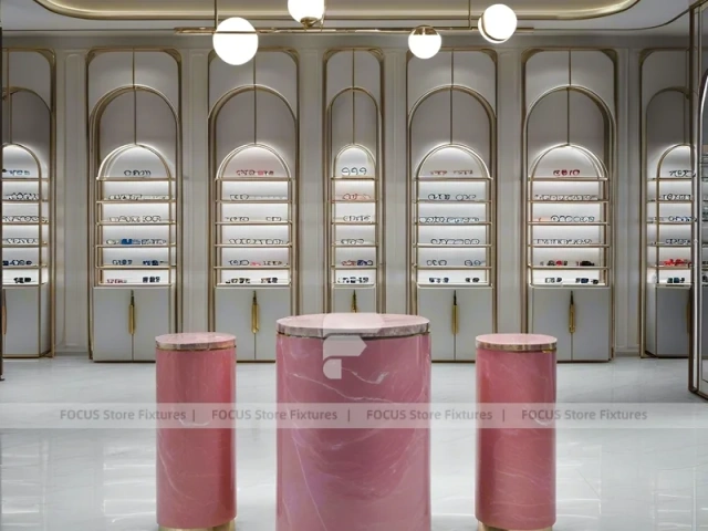Soft Rose Optical Consultation Lounge with Consultation Table Center