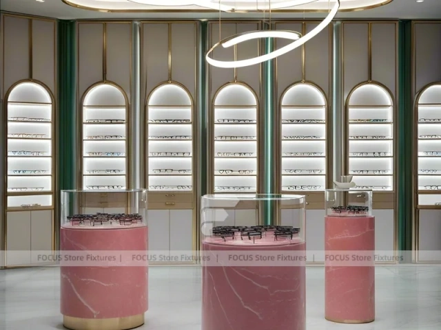Soft Rose Optical Consultation Lounge with Consultation Table Center
