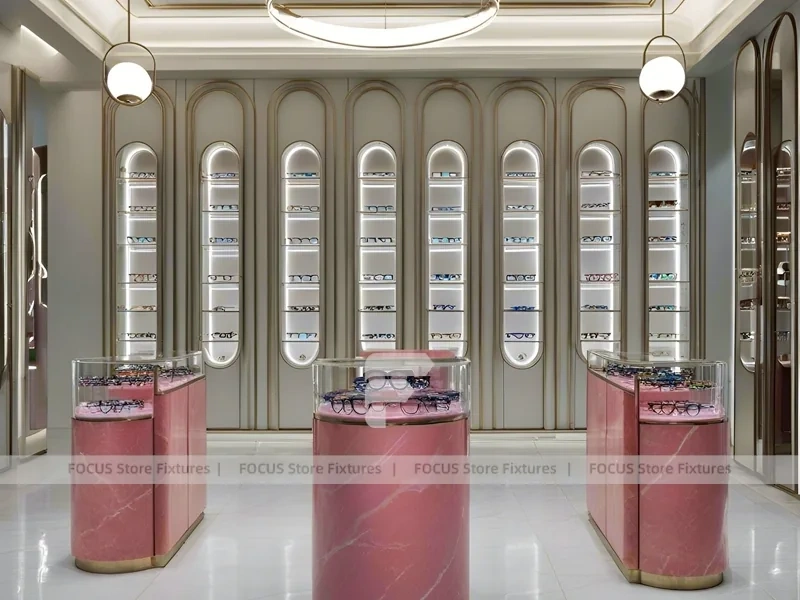 Soft Rose Optical Consultation Lounge with Consultation Table Center