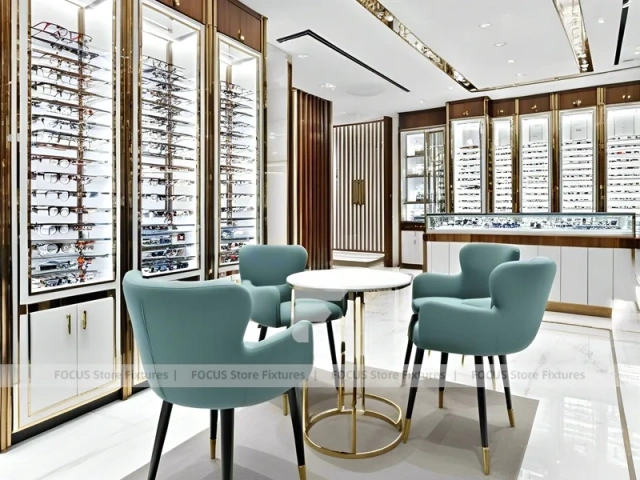 Statement Teal Eyewear Gallery Interior with Orange Feature Pavilion