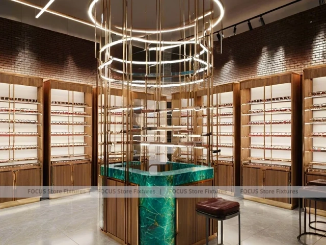 Teal Gold Eyewear Gallery Interior with Chandelier-Lit Island