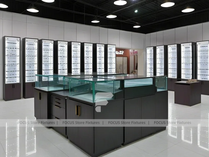 Teal Gold Optical Statement Boutique with Chandelier-Lit Island