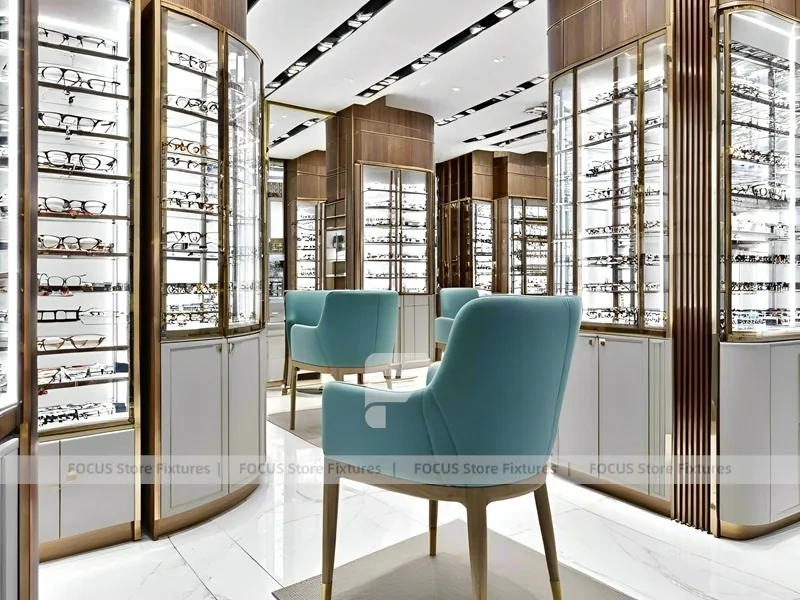 Teal Gold Vision Retail Showcase with Chandelier-Lit Island